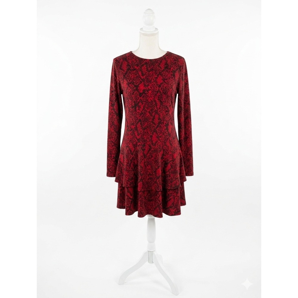 Michael Michael Kors Red Snakeskin Print Tiered Ruffle Hem Dress Long Sleeve M